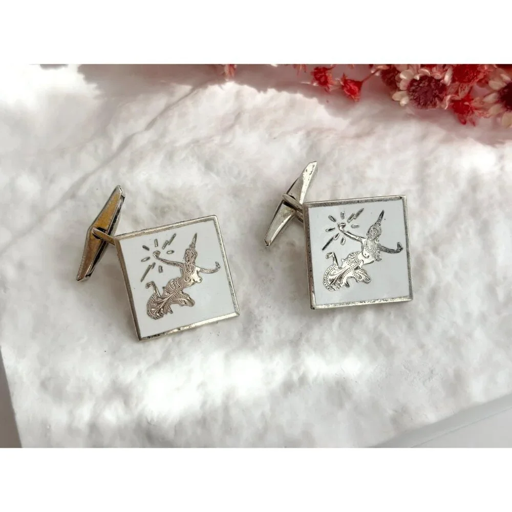 Siam Sterling White Guilloche Square Nielloware Vintage Thai Made 925 Cufflinks